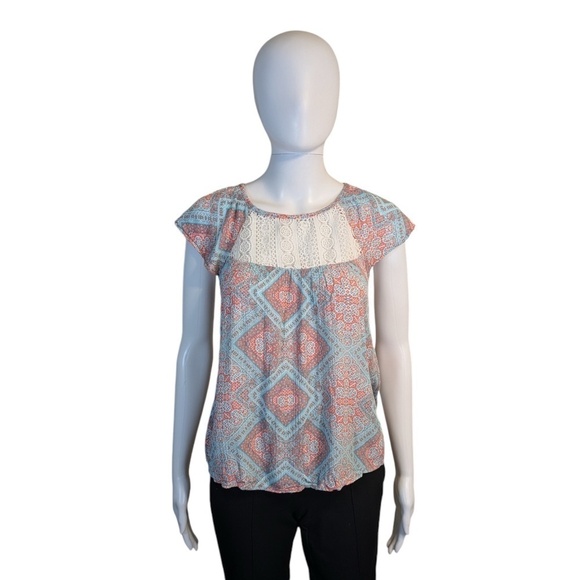 No Boundaries  Blue and Pink Shirt Sleeve Peasant Blouse Size 7/9 - Picture 1 of 4